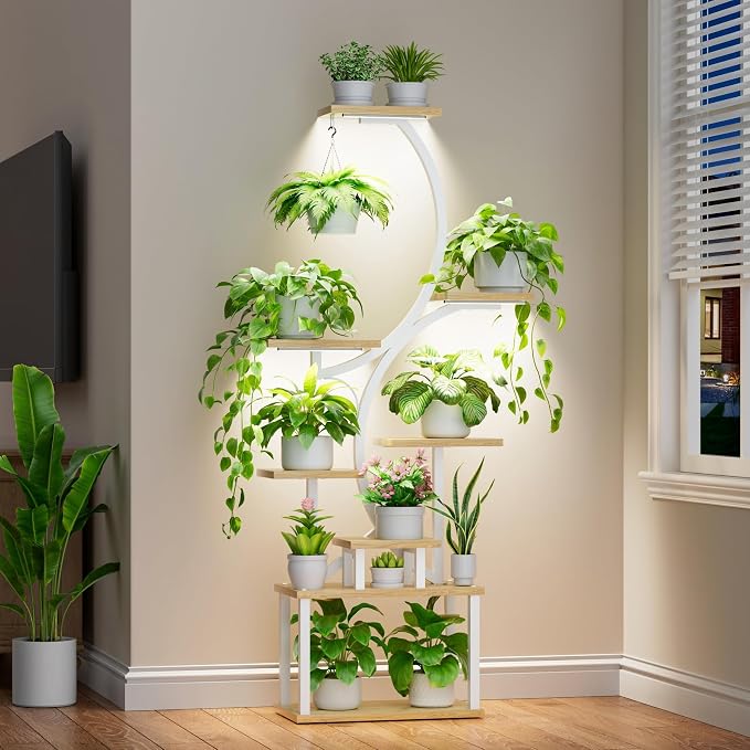 BACEKOLL Plant Stand Indoor with Grow Light, 8 Tier Corner Plant Shelf Tall | 62" Lighted Flower Holder for Plant Multiple, Space-Saving Beautiful Display Growing Rack for Home, Sturdy Metal, Natural