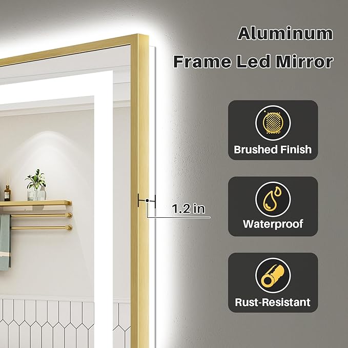 48x40 Inch LED Bathroom Mirror with Gold Frame, Backlit & Front Lit | Anti-fog, 3 Color Dimmable, Memory Function, HD Reflection Tempered Glass, ETL Listed, IP54 Waterproof