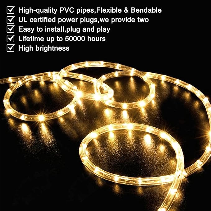 LED Rope Lights Outdoor Warm White, Waterproof 50FT Cuttable 3000K Lighting Indoor 110V Connectable Flexible Electric Lights for Christmas Trees Bedroom Outside Patio Decor, Not Flat Strip