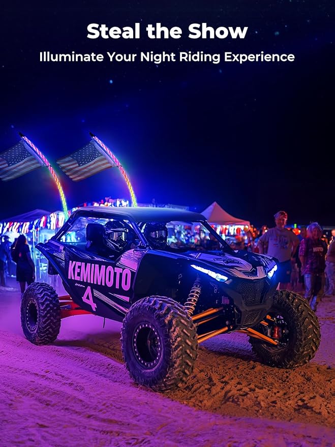KEMIMOTO 2pc 4ft Bluetooth LED Whip Lights for UTV, Turning Signal Function Compatible with Polaris RZR Can-Am Maverick X3, App & RF Remote Control LED Light Whip for SXS ATV Buggy Boat Offroad