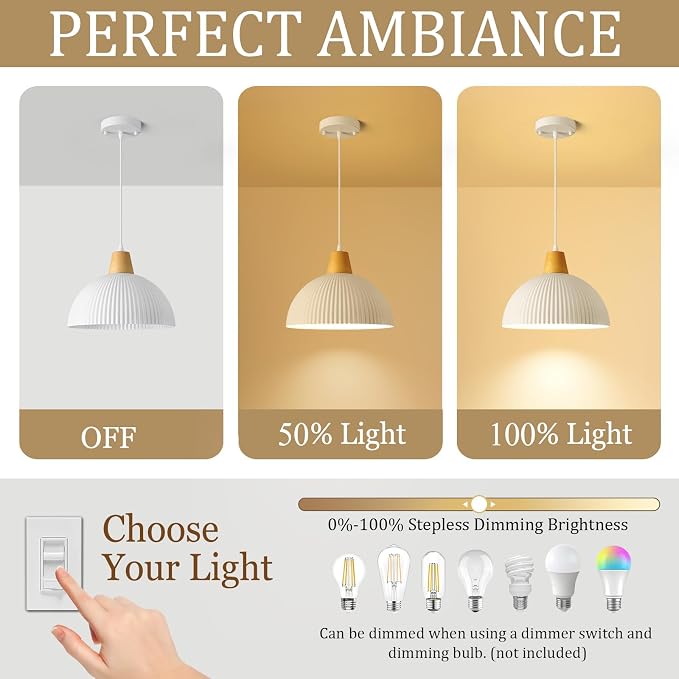 White Pendant Light Kitchen Island, 11.8" Wood Pendant Light Modern Farmhouse Dome Hanging Light for Dining Room Bedroom Bar Sink