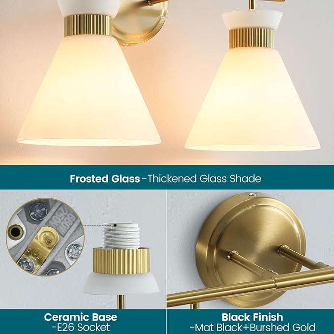 WOSHITU Gold Bathroom Light Fixtures: Modern Vanity Lighting Fixtures 2 Lights for Bathroom Mid Century Vanity Light Sconces Over Mirror with Frosted Milky Glass for Bath Bedroom Makeup