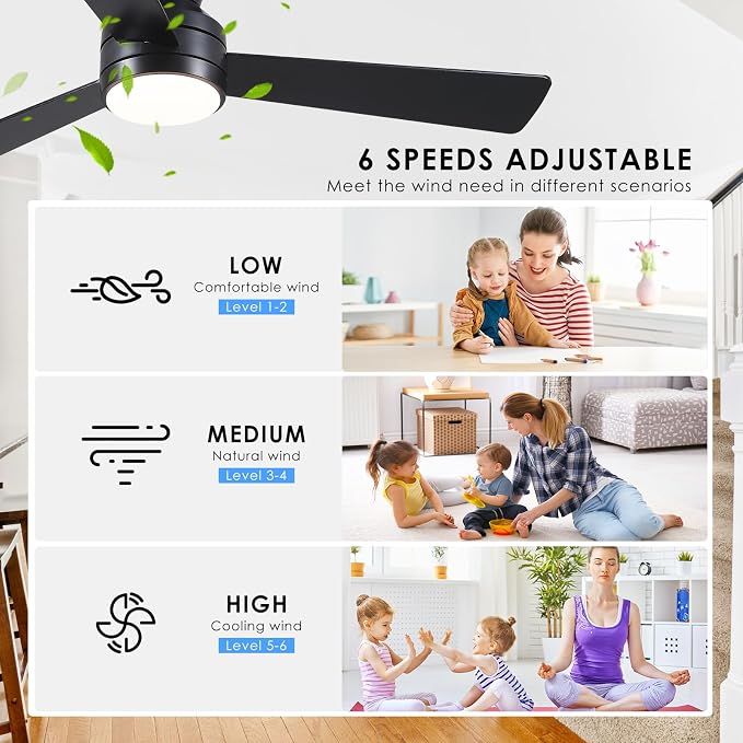46"Black Modern Low Profile Ceiling Fans with LED Lights and Remote Control | Reversible 6 Wind Speeds, Dimmable 3 CCT LED Light, 25W Quiet DC Motor,2H Timer,3 Double-Sided Blades,for Bedroom Kitchen