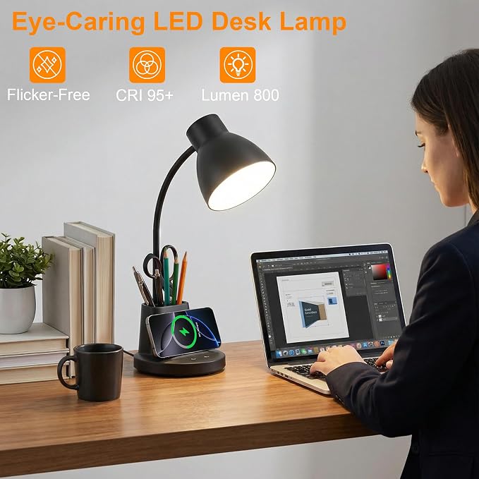 10W Wireless Charging LED Desk Lamp with Pen Holder, CRI 95, Black | 800LM, 3 Modes, 360°Flexible Arm, Touch, Brightness, Table Lamp for Home Office, Dorm, Bedside, Study, Reading, with Adapter