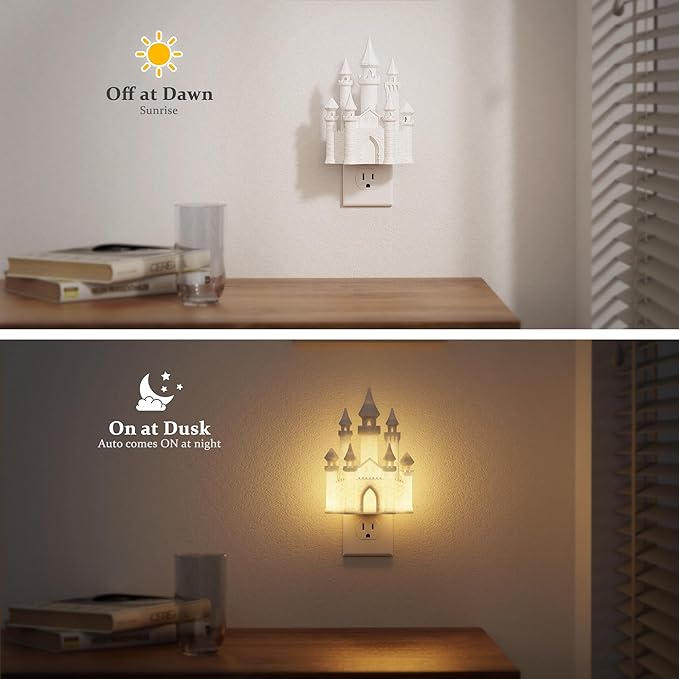 JandCase Night Lights Plug into Wall,3D Printed Castle Night Light,3000K Plug in Nightlight with Dusk to Dawn Sensor,0-100LM Adjustable Brightness for Rooms Bathroom Hallway