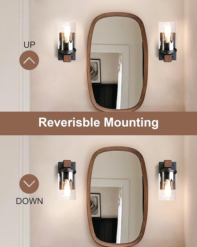 1-Light Wall Sconces Set of 2, Farmhouse Bathroom Vanity Light Fixtures, Wood Grain Black Wall Mount Light with Clear Glass Shade for Living Room Hallway Bedroom, ETL Listed