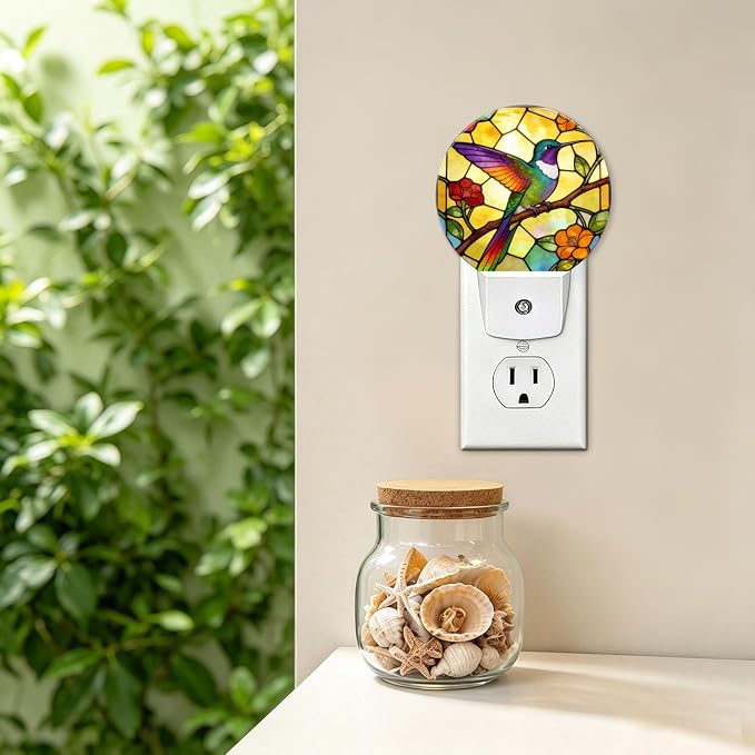Decorative Night Lights Stained Glass Hummingbird Plug-in Nightlight | Retro Vintage Night Lights Plug into Wall LED Lamp Dusk-to-Dawn Auto Sensor for Bedroom Kitchen Toilet Hallway, Energy Saving