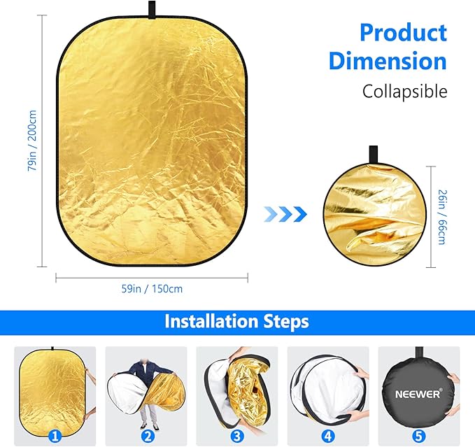 NEEWER 59"x79"/150x200cm Light Reflectors for Photography, Portable 5 in 1 Collapsible Multi Disc with Bag - Translucent, Silver, Gold, Black, White Diffuser for Studio and Outdoor Lighting