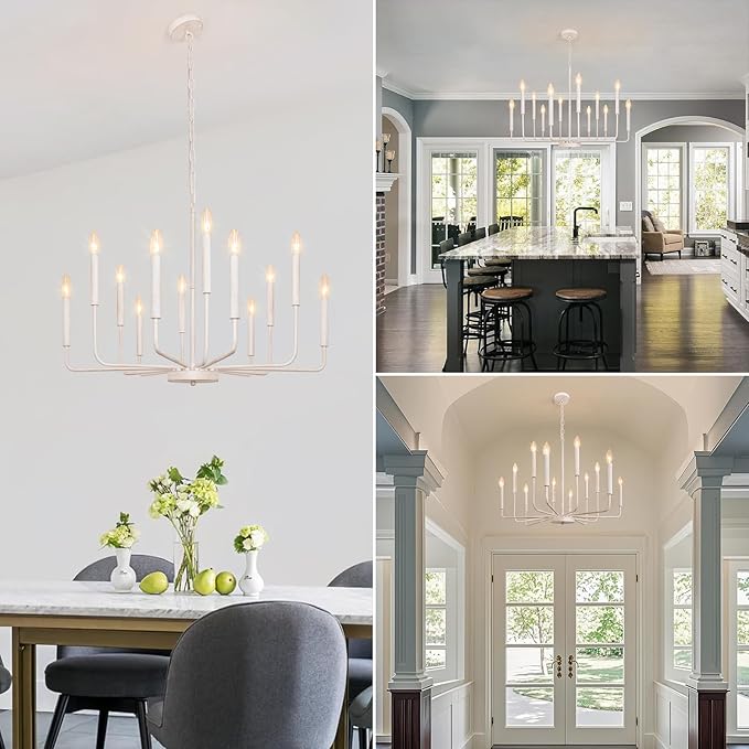 French Country Chandelier, 12-Light White Farmhouse Chandeliers for Dining Room, Classic Candle Ceiling Pendant Light Fixture for Living Room, Foyer, Kitchen Island, Bedroom, Entryway