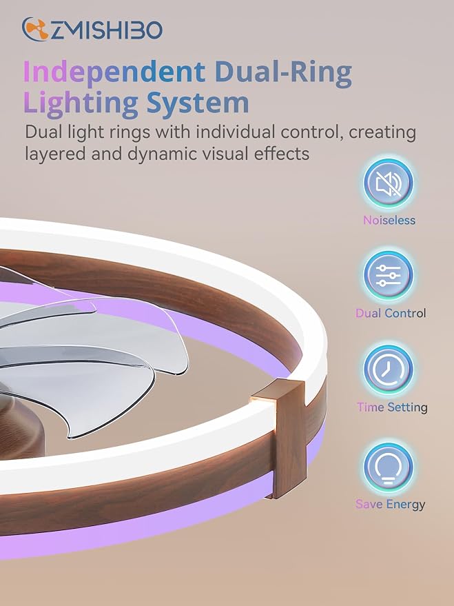 ZMISHIBO 20" RGB Low Profile Ceiling Fans with Lights and Remote, Walnut | Custom RGB+3CCT Dimmable, 6 Speeds, Remote/App Control, Reversible DC Motor, Memory, Timer, Modern Fandelier for Kids/Bedroom