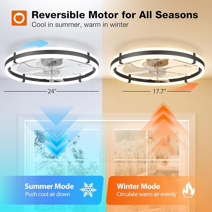 addlon 24" Low Profile Fandelier Ceiling Fans with Lights and Remote, Black | Wider Airflow, 3000-6000K Dimmable LED, 6 Speeds, Reversible DC Motor, Remote and App Control, Memory Function, Timer, Quiet