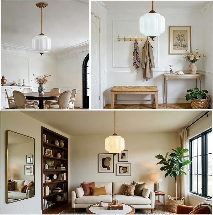 LOUSACE 10 Inch Vintage Milk Glass Ceiling Light Fixture, Semi Flush Mount Pendant Light with White Glass Shade, Ceiling Light for Kitchen Hallway Dining Room Bedroom (Bulb Included)