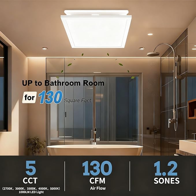 Tech Drive Modern Nickel Bathroom Exhaust Fan with Light - 130 CFM, 1000lm Dimmable 5CCT LED Light with Night Light Selectable, 6-Inch Duct Quiet Ventilation, Decorative Nickel Trim, Easy to Install
