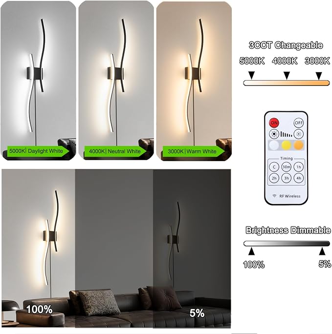 Daunton Modern Black Plug in Wall Sconces Set of 2 - Smart Dimmable LED Wall Lights with Remote, 3CCT Adjustable & Memory Function, Timer Setting - No Wiring Needed for Living Room, Bedroom, Hallway