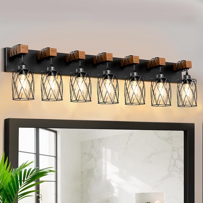 IZORRO Farmhouse Bathroom Vanity Light, 7-Light Wood Bathroom Light Fixtures Over Mirror, Black Industrial Vanity Lights with Metal Shade, Rustic Restroom Lighting Fixtures