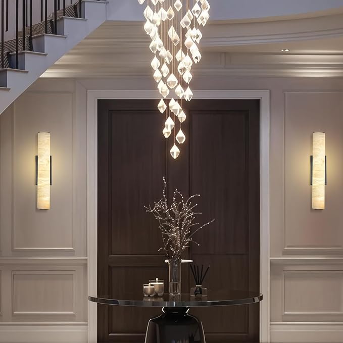 20" Natural Alabaster Wall Sconce, Modern Black Marble Wall Light Dimmable | Spanish Alabaster, Vanity Light, 3000K Warm White Light, Tube, Hardwired, Stone, for Bathroom/Bedroom/Living Room, 1PC