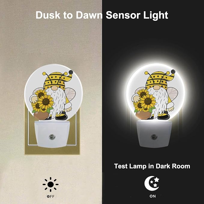 Gnome Night Lights Plug into Wall Summer Bee Gnome Sunflower Yellow Floral LED Dusk to Dawn Plug-in Nightlight Auto Sensor for Bedroom Bathroom Hallway Living Room