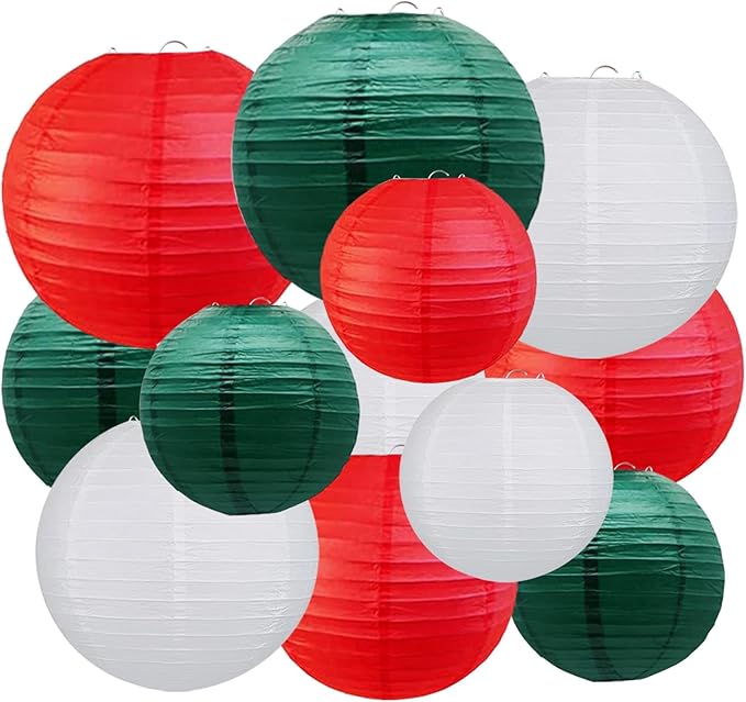 Red White Green Paper Lanterns Christmas Decorations, 12-Pack Hanging Round Paper Lanterns Decorative for Graduation Baby Shower Wedding Monsters Inc Birthday Family Parties ﻿