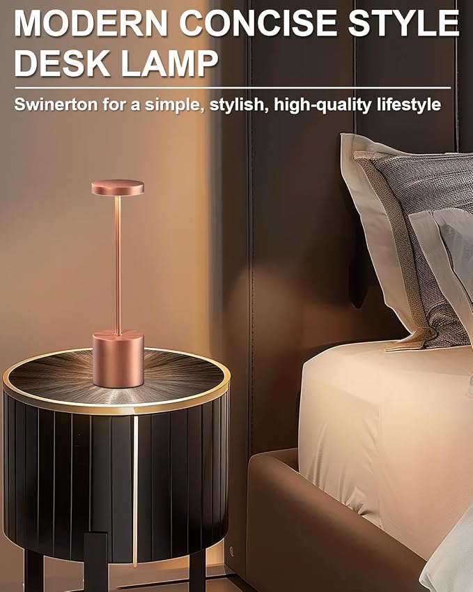 Swinerton Cordless Table Lamps Rechargeable, Portable LED Desk Lamp, 5000mAh Battery Powered Wireless Table Light - 3 Color Dimmable Lighting for Restaurant Dining Patio Outdoor Bedroom(Rose Gold)