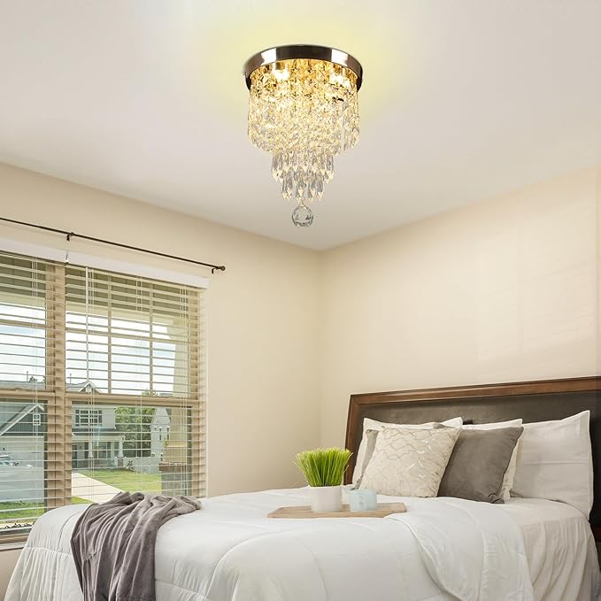 Flush Mount Crystal Chandelier 9.8" – Modern Gold Ceiling Light with LED 3-Color K9 Raindrop Crystals for Bedroom, Dining Room, Entryway, Hallway
