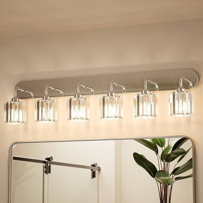 Keonjinn 6-Light Chrome Crystal Bathroom Light Fixtures Over Mirror | Vanity Lighting Fixture with Crystal Square Shades, Dimmable, Modern Style, Compatible with E26 Base LED Bulbs (Exclude Bulb)