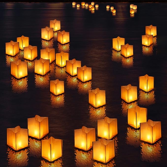 10 Pack 6" Star Shaped Floating Lanterns with Waterproof Wooden Base Sets, Paper Water Lanterns Decoration with LED Tealight Candle (10Sets Lanterns+Flameless LED Candles)