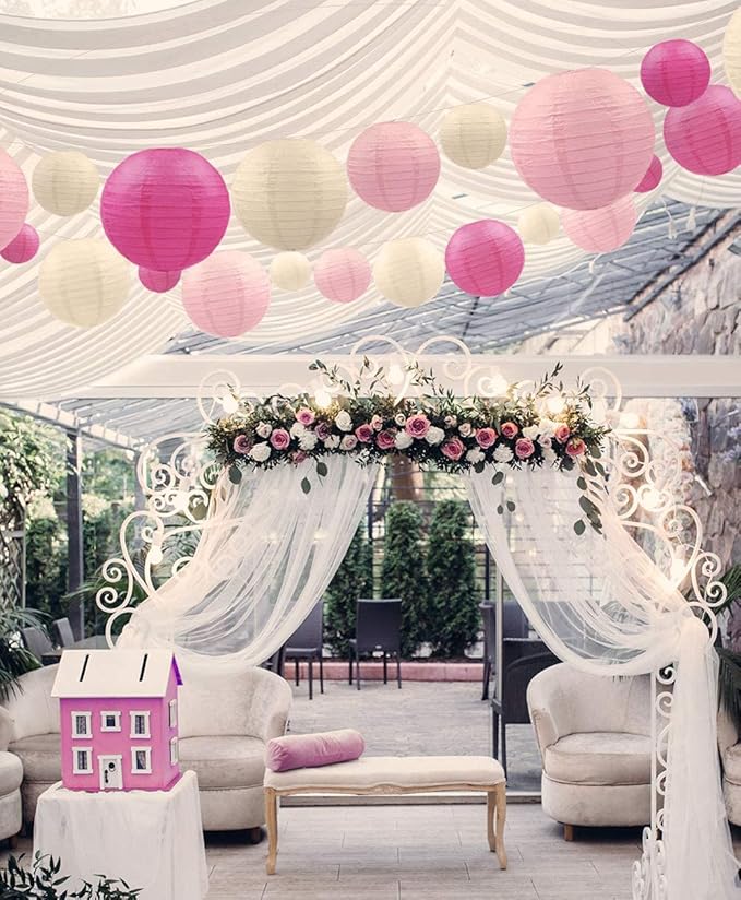 Pink Paper Lanterns 12 Pcs Assorted size of 6" 8" 10" 12" Chinese Round Paper Hanging Decorations Ball Lanterns Lamps for Home Decorations, Parties, and Weddings