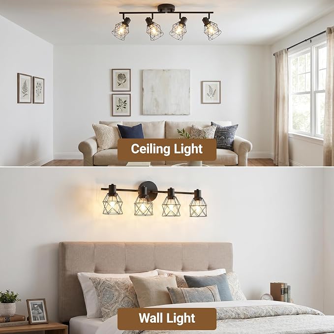 LOUSACE 4-Light Ceiling Track Lighting Fixtures, Multi-Directional Flush Mount Ceiling Spot Lights, Rotatable Black Track Light with Metal Cage for Dining Room, Living Room, E26 Base