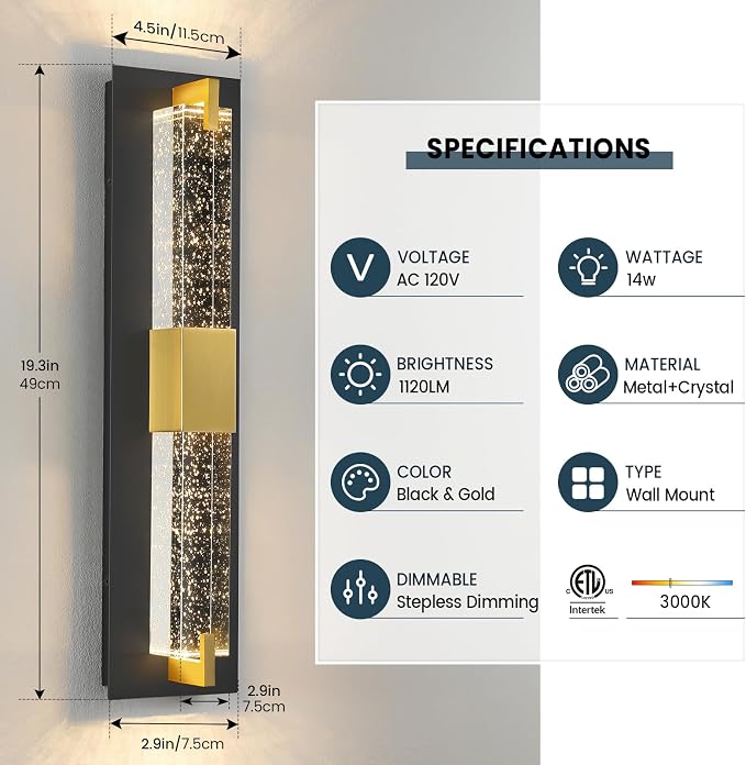 WOSHITU LED Wall Sconce Light: 19 Inch Black & Gold Modern Sconces Wall Lighting 3000K Dimmable Crystal Wall Lamps Indoor Bathroom Sconce Mount Light Fixtures for Living Room/Bedroom/Hallway