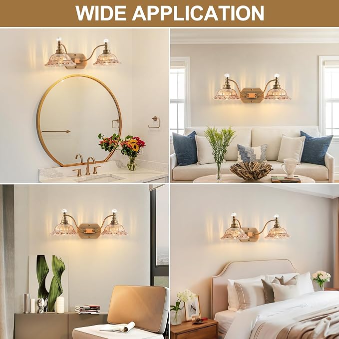Vintage Bathroom Light Fixtures, 2 Light Brass Vanity Lights with Champagne Crystal Glass Flower Shade, Retro Wall Sconce for Bedroom, Living Room, Hallway