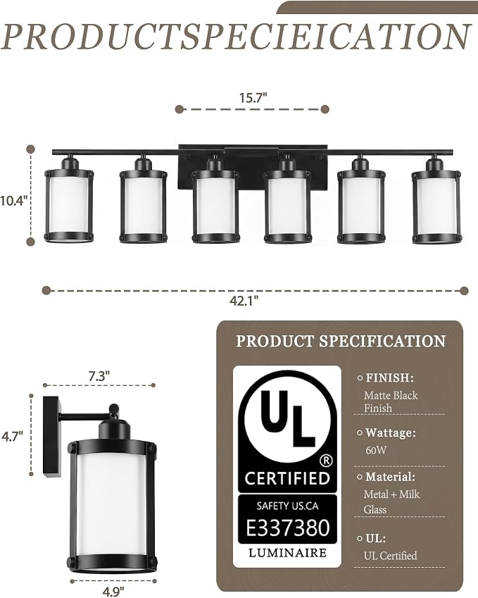 6-Light Matte Black Bathroom Light Fixtures Over Mirror with Frosted Milk Glass and Metal Cage Shade, 42" UL-Listed Modern Farmhouse Wall Sconce for Bath, Hardwire E26, OS-3014BKW-6W