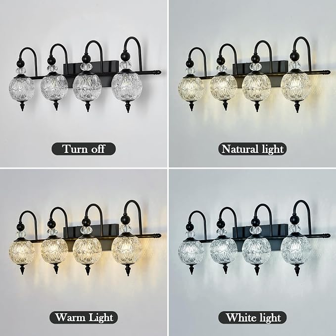 Piepooye Vintage Bathroom Light Fixtures Black Vanity Light with Glass Globe LampShade 4 Lights Mid Century G9 Bulb Wall Sconce Indoor Vanity Light Over Mirror for Kitchen Bedroom Farmhouse