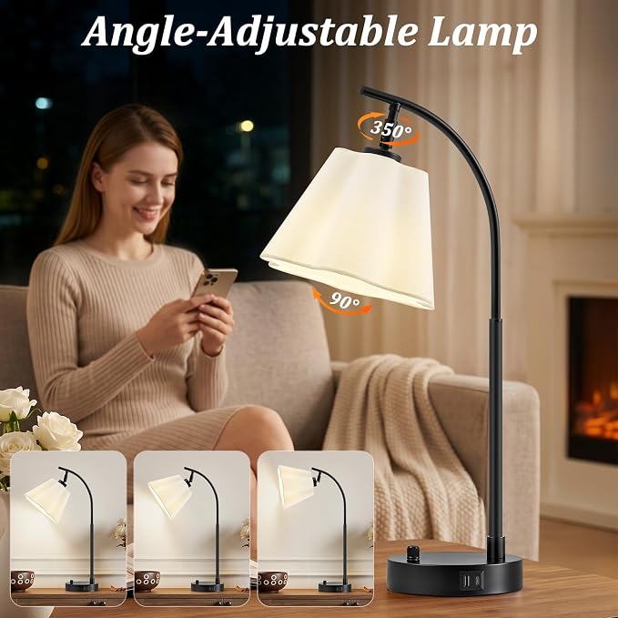 Table Lamps Set of 2, Stepless Dimmable Bedside Lamps with USB A&C Ports | Fabric Shade, Multi-Angle Rotatable Head, Lamps for Nightstand, Side Table, Dorm, Bedroom, Home Office, Elegant Home Decor