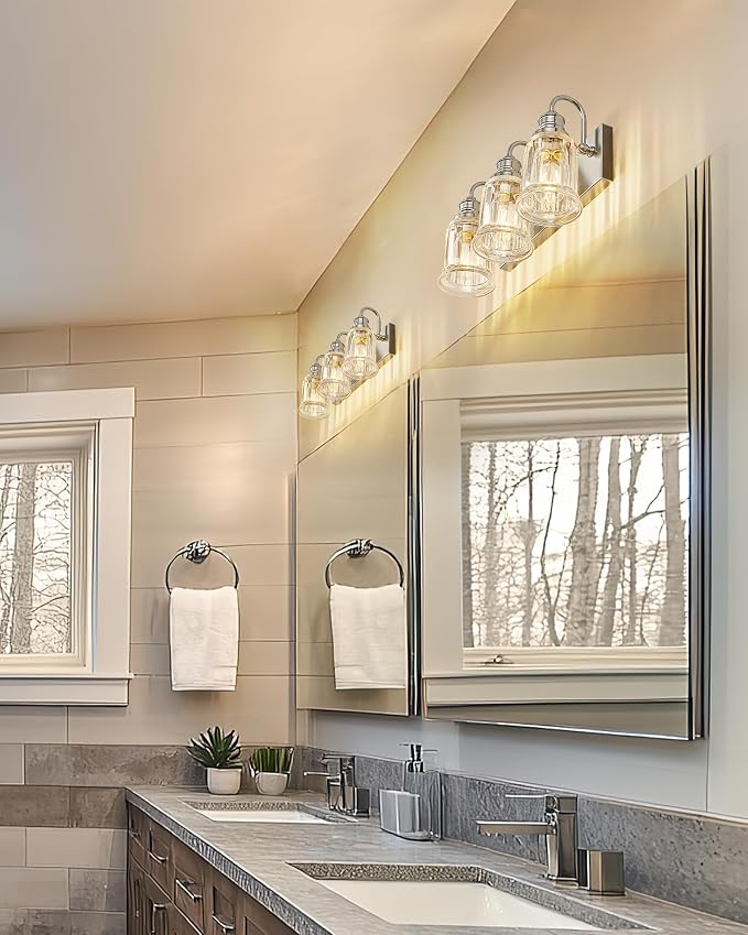 Bathroom Light Fixture, HWH 3-Light Vanity Light Brushed Nickel Modern Bathroom Lights Over Mirror, Bell-Shaped Fluted Glass, 5HZG106B-3W BN