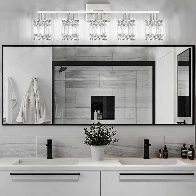 Crystal Modern Bathroom Light Fixtures, 5-Light Brushed Nickel Bathroom Vanity Wall Light, Vanity Lights for Mirror, Restroom, Bedroom (E26 Socket, Bulbs Not Included)