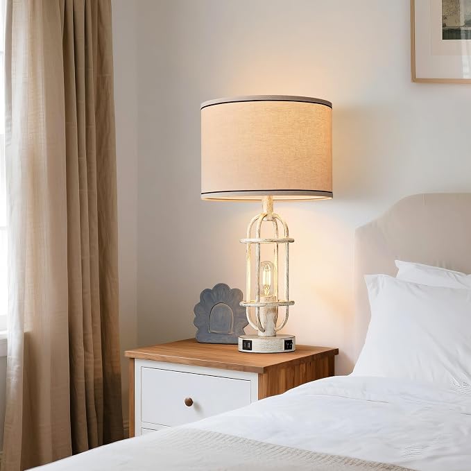 Reaketon 22.3" Farmhouse Table Lamps Set of 2, Vintage Lamps for Living Room End Tables, Bedroom Lamp for NightStand with USB C+A Ports, Antique White