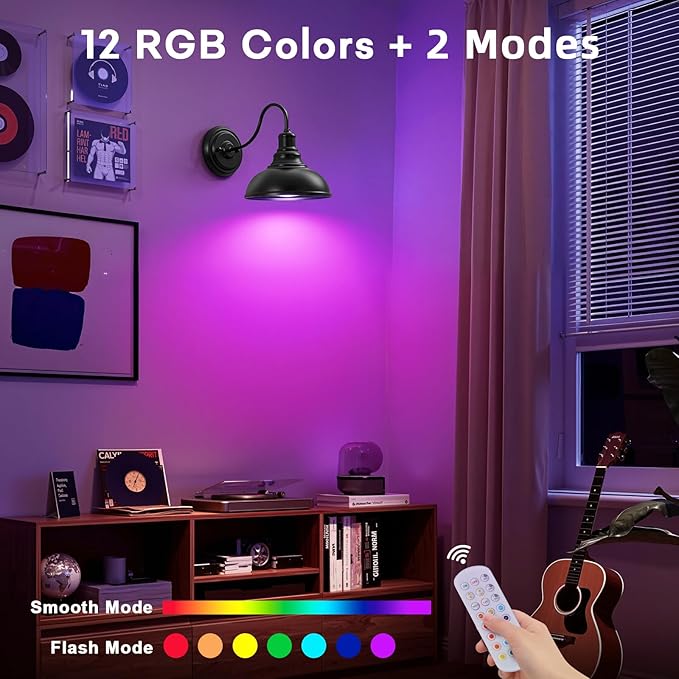 Lightess Black Rechargeable Battery Operated Wall Sconces Set of 2 | Wireless Cordless No Hard Wiring Required Remote Controlled 12 Colors Dimmable Gooseneck For Vintage Bedroom Wall Decor