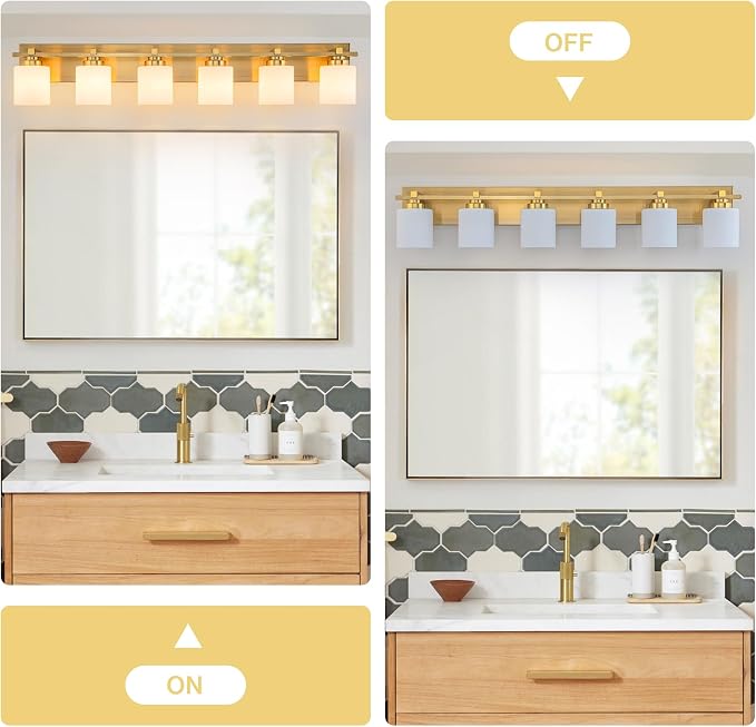 Modern Bathroom Light Fixtures Over Mirror, Vanity Lights for Bathroom Wall Sconces with Milky White Glass Shades, E26 Socket (Bulbs Not Included), 6 Light, Brass