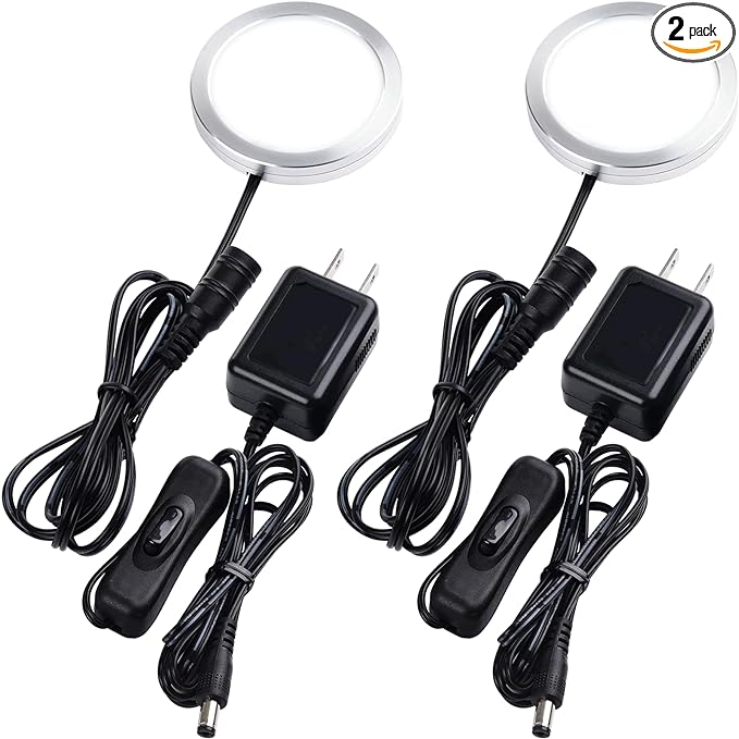 Single Under Cabinet LED Puck Light, Curio Display Case Shelf Counter Accent Lighting, 120V Electric Wired Wall Plug in, On Off Switch, Black Cords, 2 Packs, Daylight