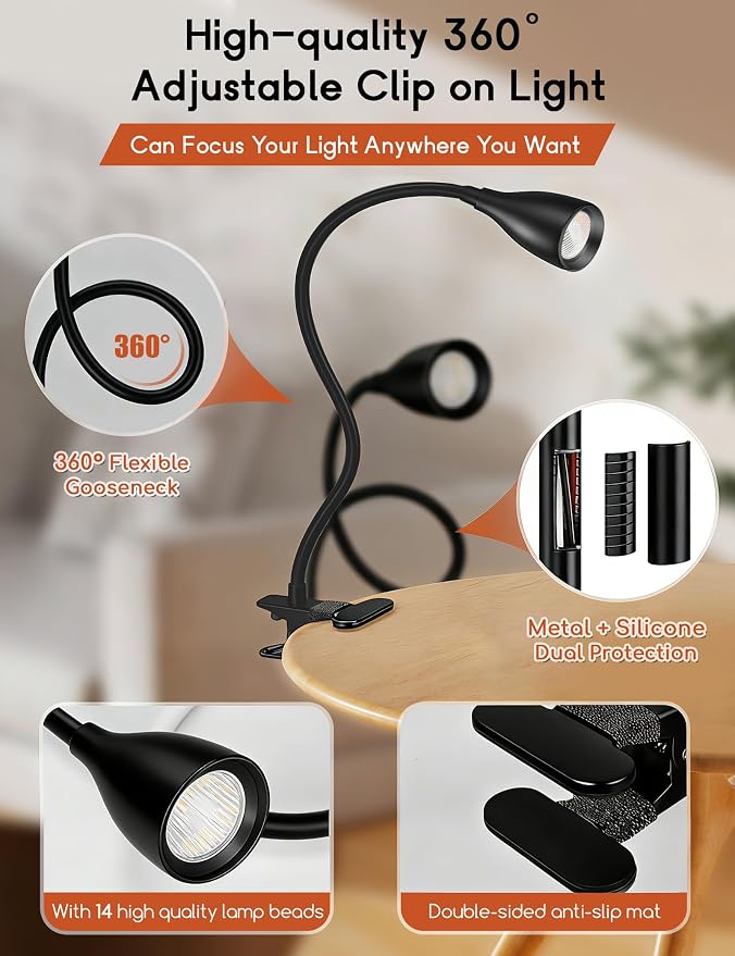 Reading Light for Book in Bed,Clip on Light Reading Lamp with Adapter Black | 5 Color Modes 10 Brightness, Flexible Eye-Caring Clip on Desk Lamp Book Light for Reading in Bed Headboard Bedside Bedroom