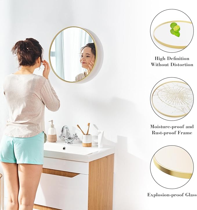 NEWBULIG Gold Round Wall Mirror 20 Inch, Bathroom Mirrors for Over Sink, Wall Decor for Bathroom, Entryway, Bedroom, Vanity