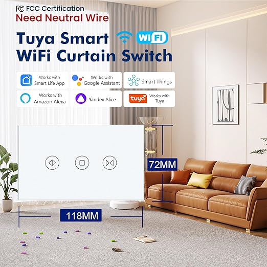 Smart Curtain Switch Single Gang 2.4GHz Wi-Fi Touch Switch, Neutral Wire Required,Work with Smart Life/Tuya App and Alexa,Tempered Glass Panel,White