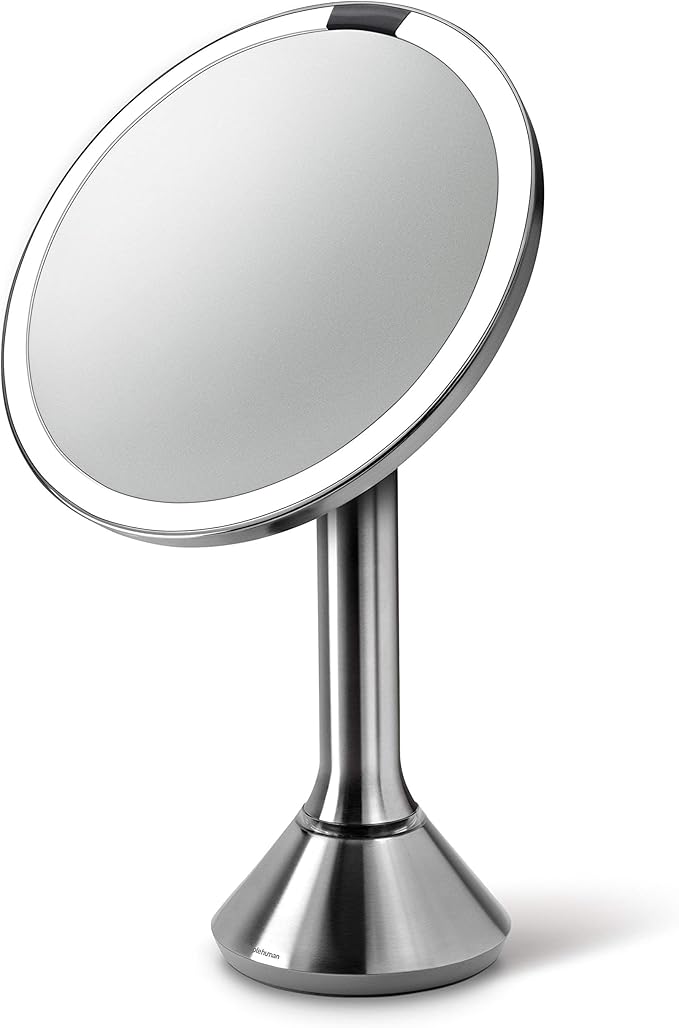 simplehuman 8" Round Sensor Makeup Mirror with Touch-Control Dual Light Settings, 5x Magnification, Rechargeable and Cordless, Brushed Stainless Steel