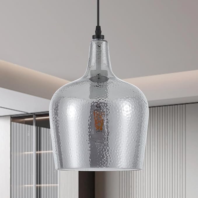 10” Large Hammered Glass Pendant Light Modern Smoky Black Dome Pendant Lighting Fixtures for Kitchen Island Dining Room Hallway, UL Listed