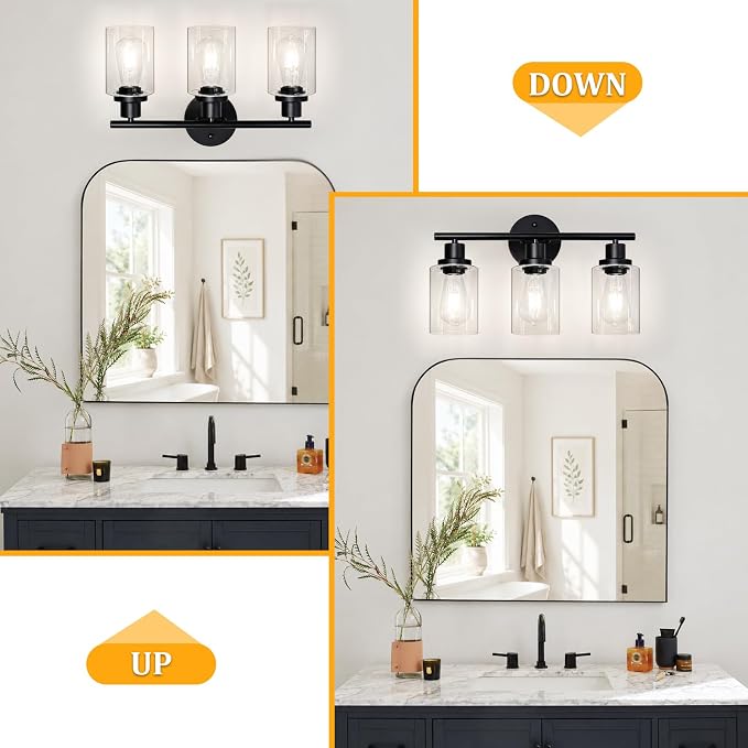 Modern Bathroom Light Fixtures, 3 Light Vanity Lights with E26 Bulbs, Black Wall Lamp with Clear Glass for Mirror Living Room Hallway Cabinet Porch
