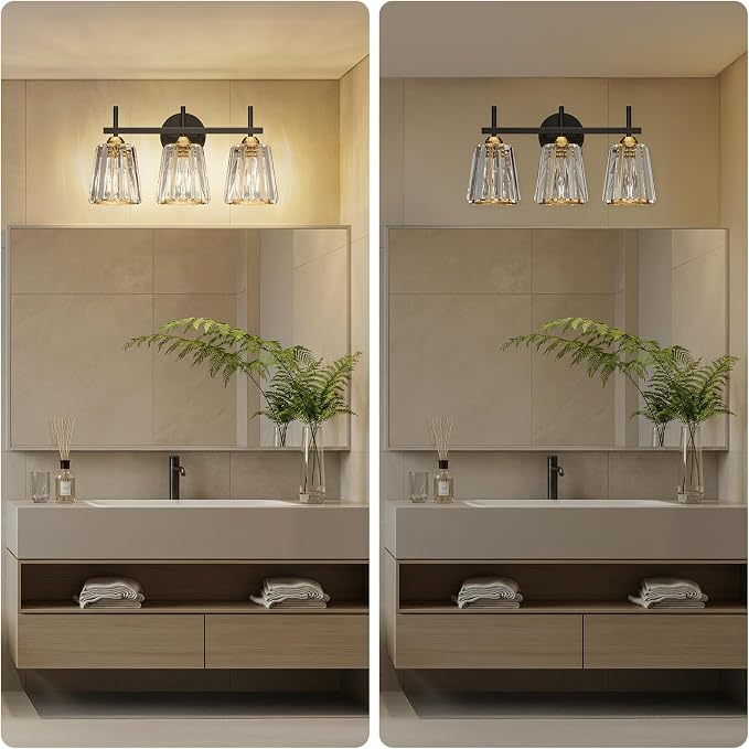 Crystal Bathroom Light Fixtures Over Mirror, Black Gold 3-Light Bathroom Vanity Lights Over Mirror Modern Wall Lighting Sconces with Ceramic E26 Base (Bulbs Not Include)