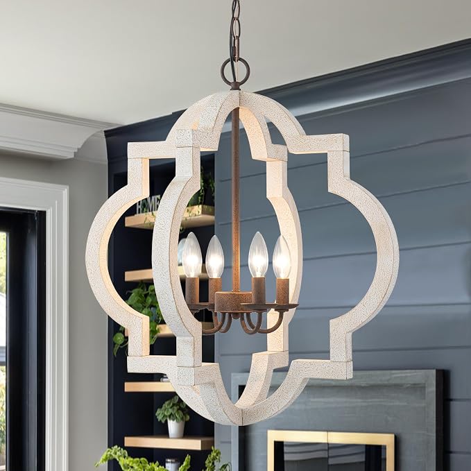 22" Farmhouse Chandelier Distressed White Wood Dining Room Light Fixture | Oak, Rustic Country Style, Large Lantern, 4-Light Hanging Pendant Light For Foyer Entryway Kitchen Island Bedroom Over Table