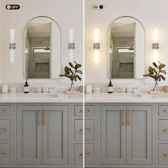 Brushed Nickel Bathroom Light Fixtures, 2-Light Vanity Lights W/White Glass Shade, Modern Sconces Wall Lighting for Mirror Kitchen Bedroom Hallway Living Room, E26 T10 Bulbs(Excluded)