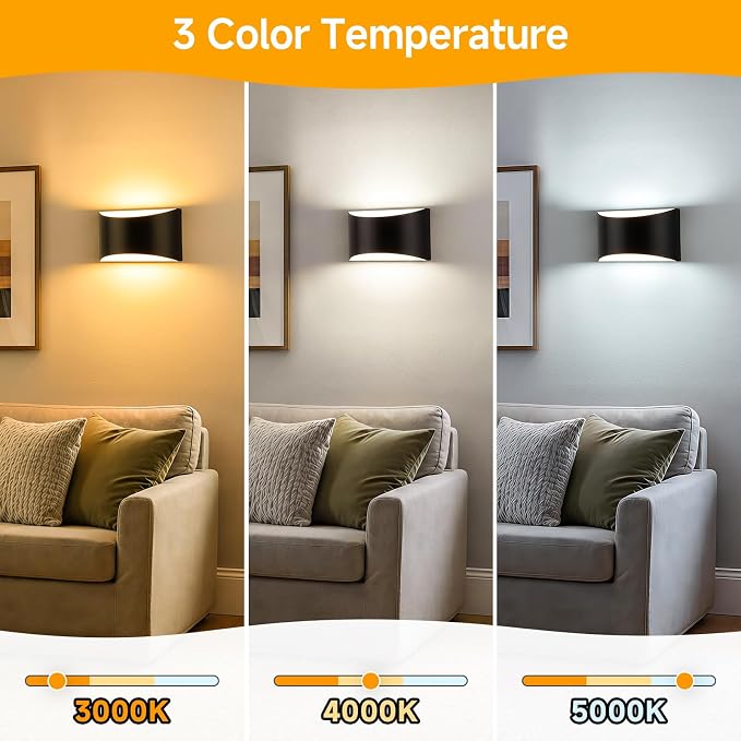 Modern LED Wall Sconce Set of 2, Black Indoor Wall Lights 3CCT | 3000K/4000K/6000K, Up/Down Hardwired Wall Mount Light, Easy Install Aluminum Wall Lighting, Bedroom, Living Room, Hallway