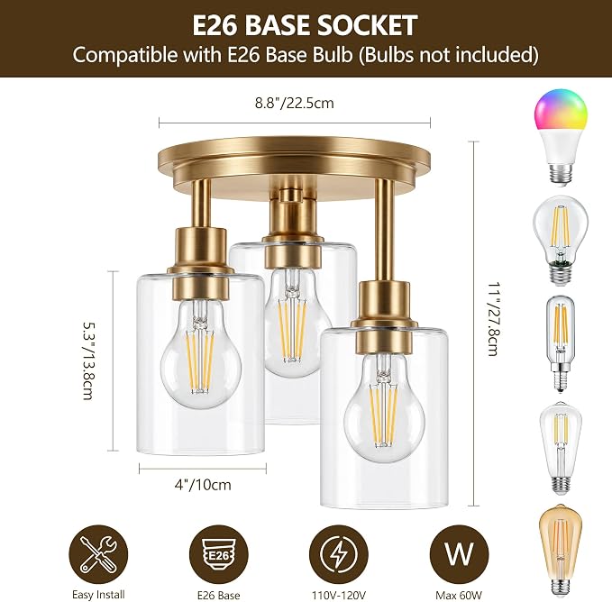 Semi Flush Mount Ceiling Light, 3-Light Close to Ceiling Light Fixtures, Brass Gold Finish Kitchen Light Fixtures with Clear Glass Shade Patriot Lighting for Entryway Porch Hallway, 8.8"X11"